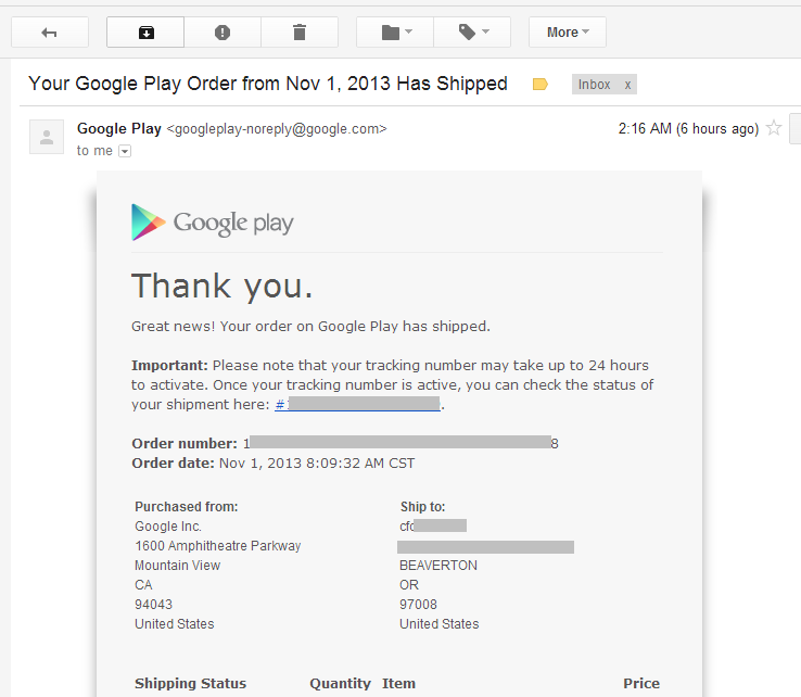 google play上海淘Nexus 5的发货后，邮件通知